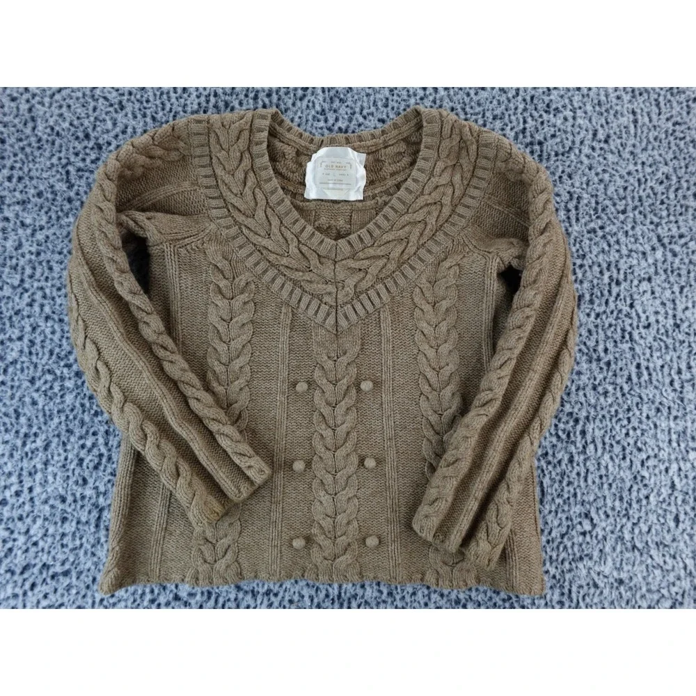 Old Navy Women Cable Knit V Neck Sweater Brown Long Sleeve Buttons Size Medium‎